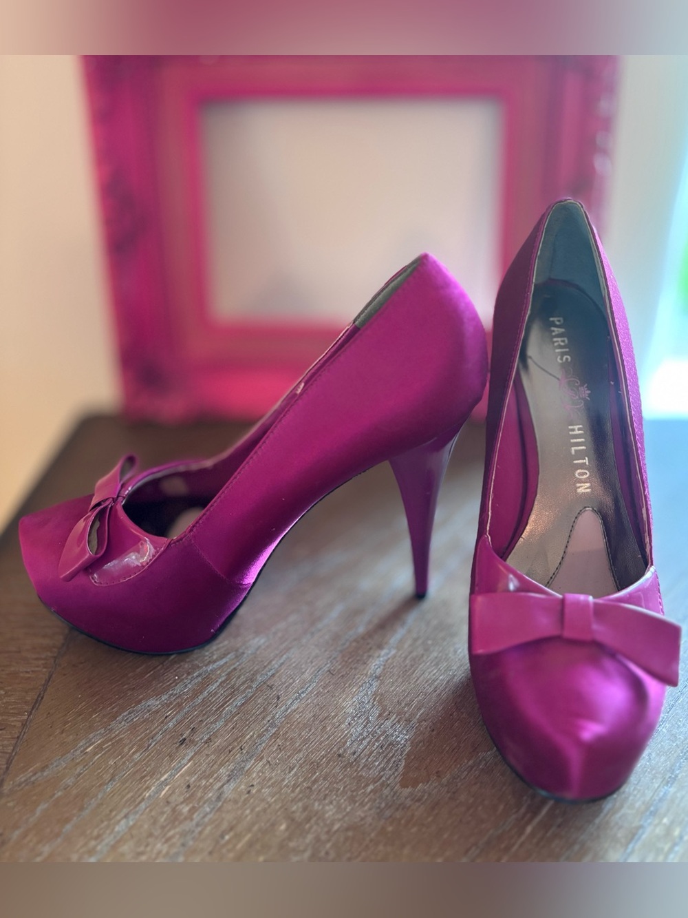 Paris Hilton Magenta Satin Bow Stiletto Pumps